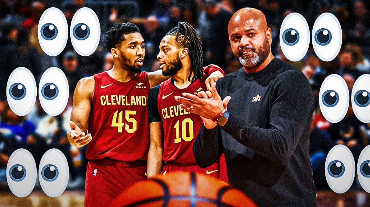 Donovan Mitchell, Darius Garland, and J.B. Bickerstaff with a bunch of big eyes emojis in the background. Cavs playoff