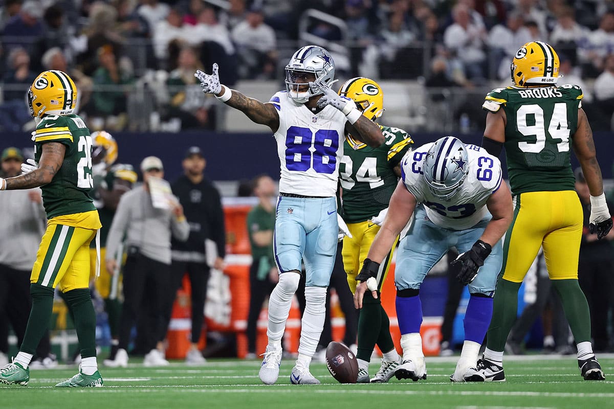 Dallas Cowboys wide receiver CeeDee Lamb (88) reacts after a play against the Green Bay Packers in the second half for the 2024 NFC wild card game at AT&T Stadium.
