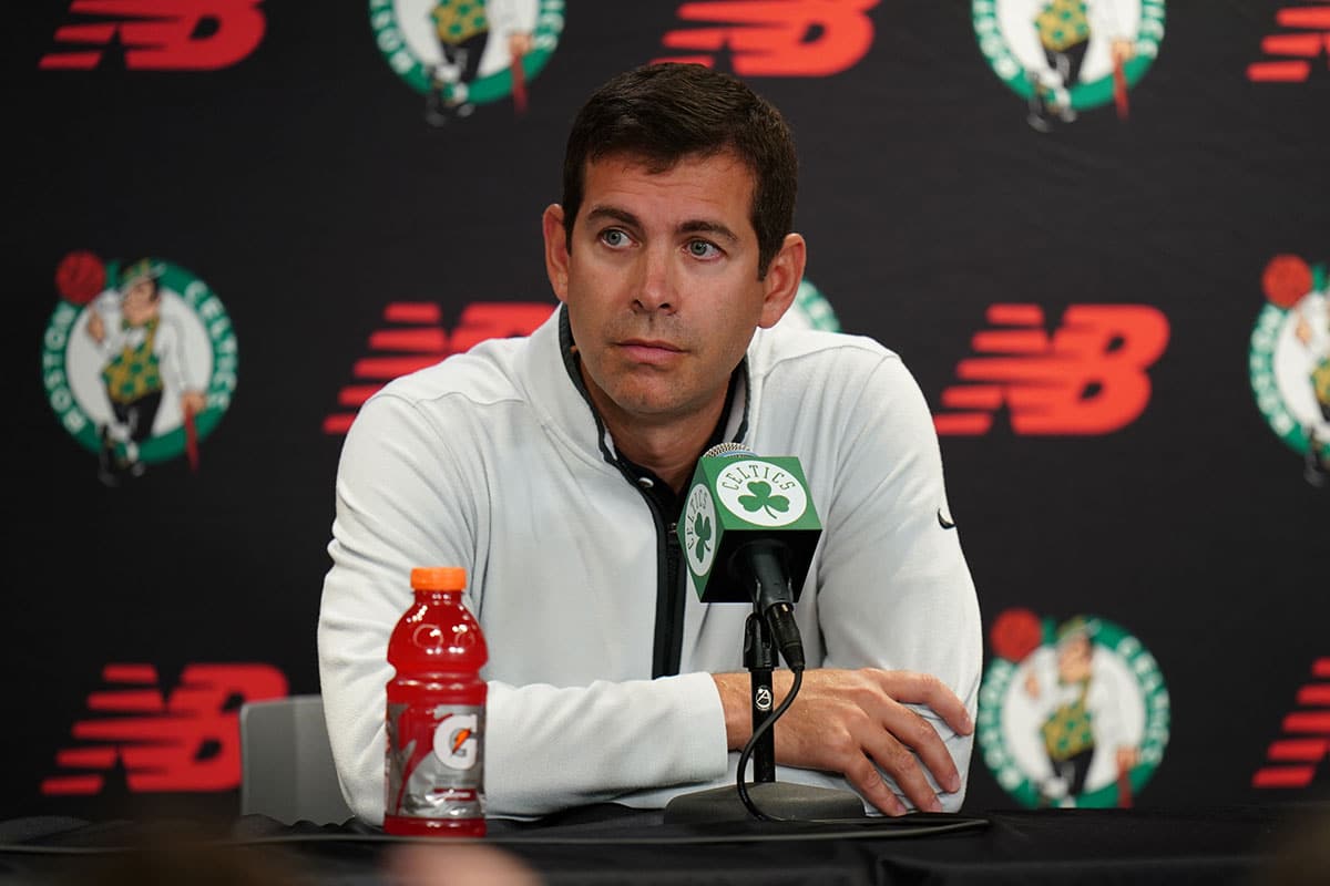Boston Celtics president of basketball operations Brad Stevens talks during Boston Celtics Media Day