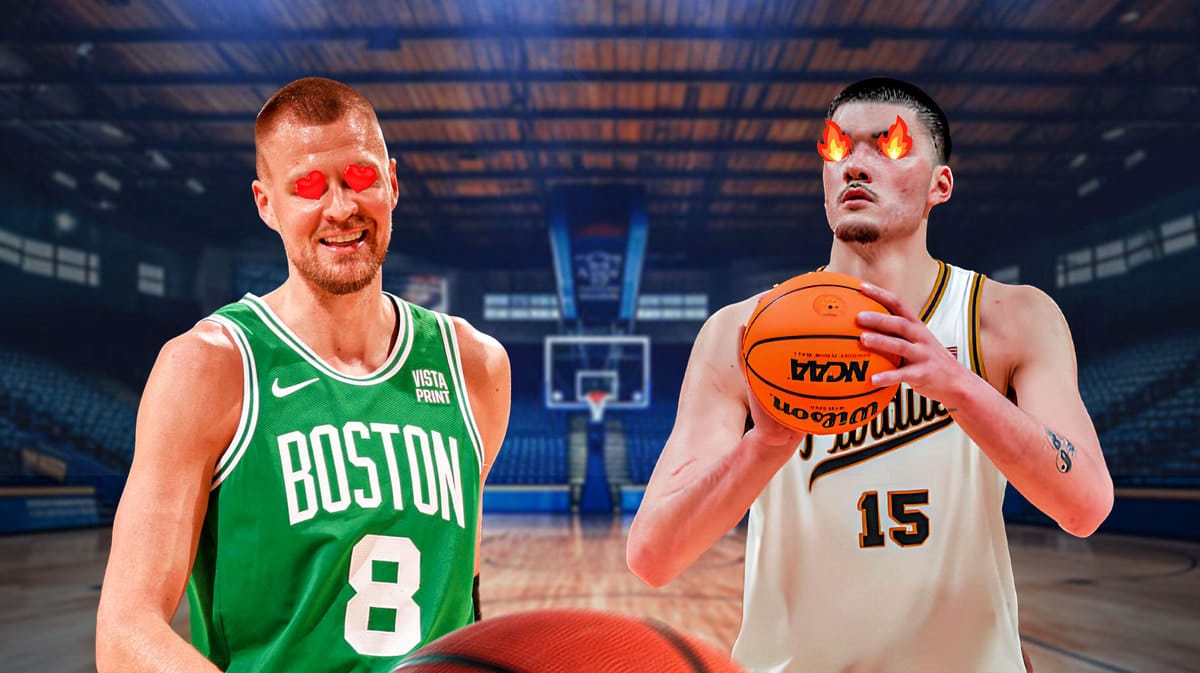 Kristaps Porzingis with heart eyes. Zach Edey with fire in his eyes