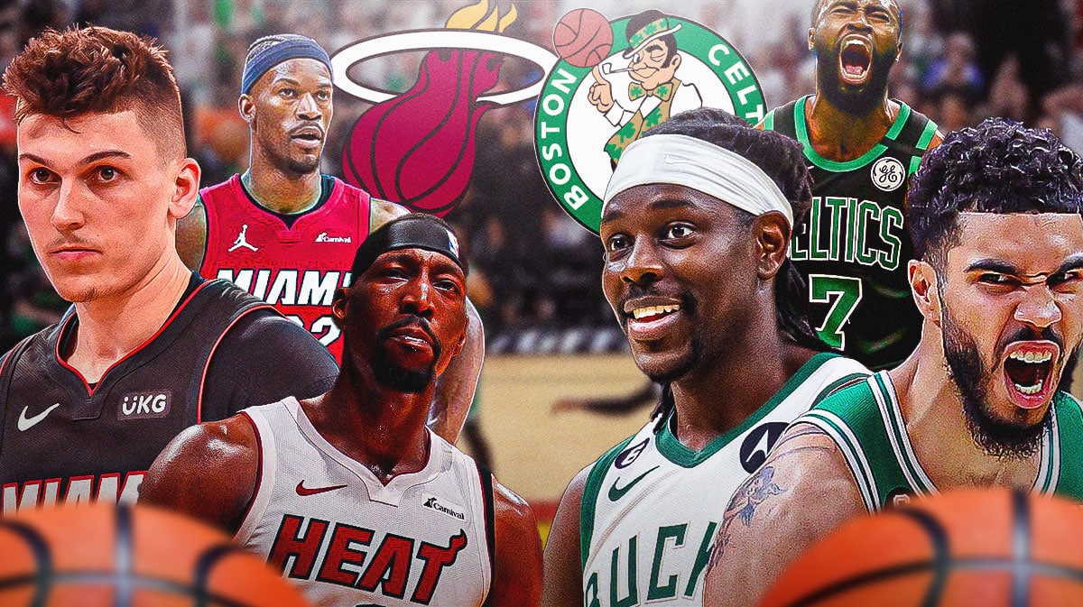 Jayson Tatum, Jaylen Brown, Jrue Holiday, Celtics logo on one side. On other side is Bam Adebayo, Jimmy Butler, Tyler Herro, Heat logo.