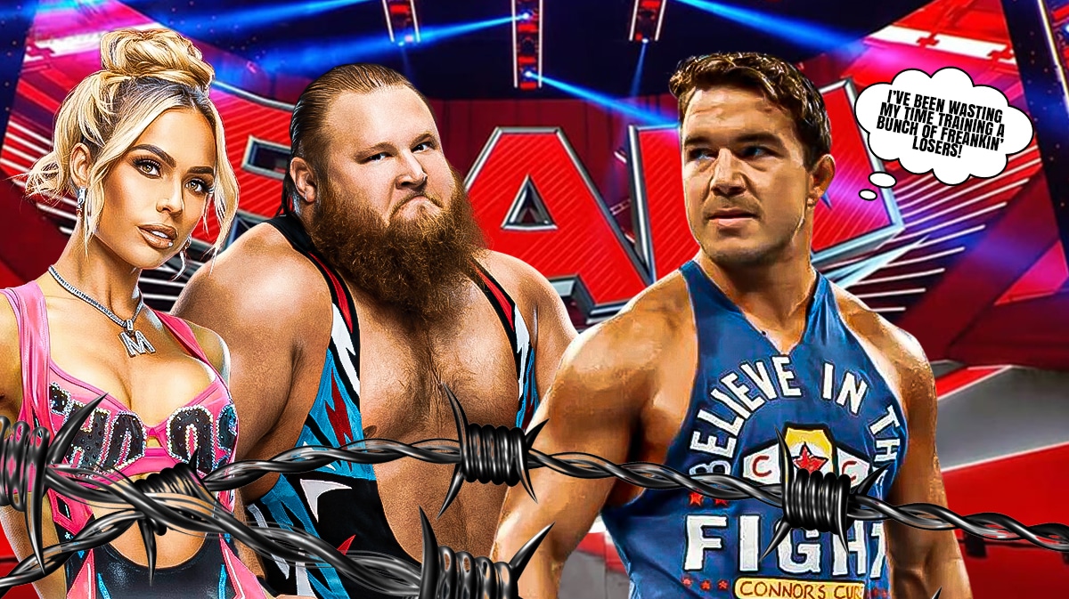 Chad Gable with a text bubble reading "I've been wasting my time training a bunch of freankin' losers!" next to Otis and Maxxine Dupri with the RAW logo as the background.