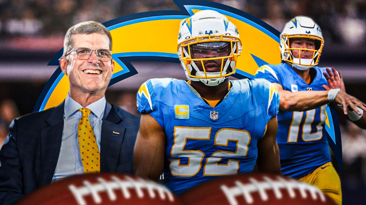 Chargers Jim Harbaugh next to Khalil Mack and Justin Herbert