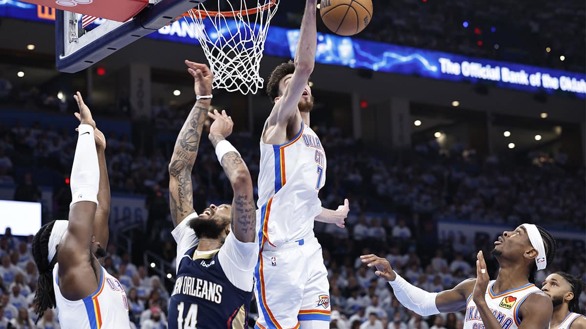 Oklahoma City Thunder forward Chet Holmgren (7) blocks a shot by New Orleans Pelicans forward Brandon Ingram (14) during the second quarter of game one of the first round for the 2024 NBA playoffs at Paycom Center.