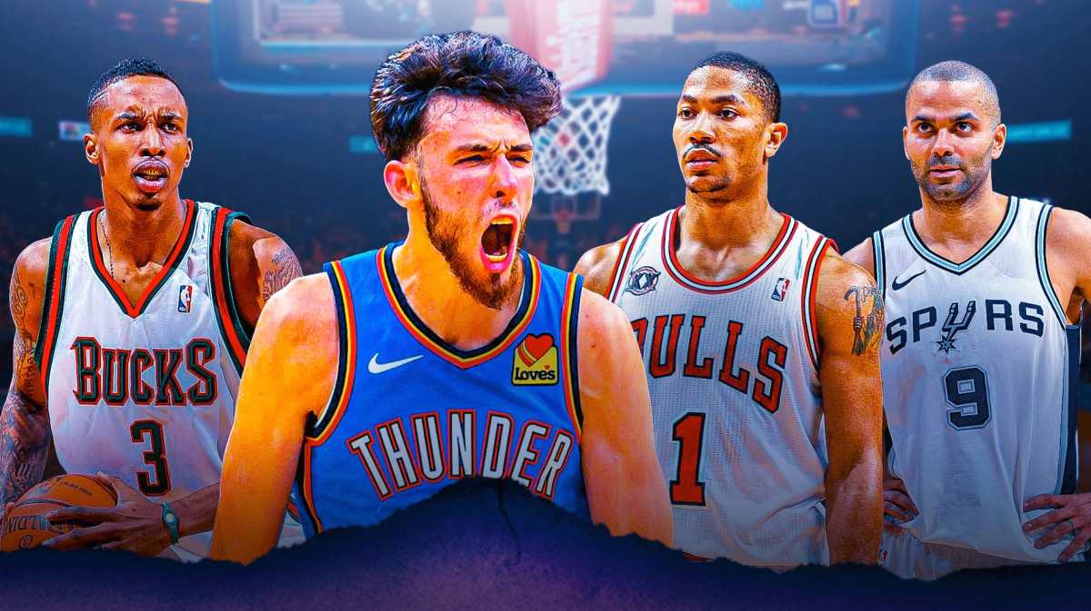 Thunder's Chet Holmgren hyped up, with 2010 Brandon Jennings (Bucks), 2009 Derrick Rose (Bulls), 2002 Tony Parker (Spurs) all beside him