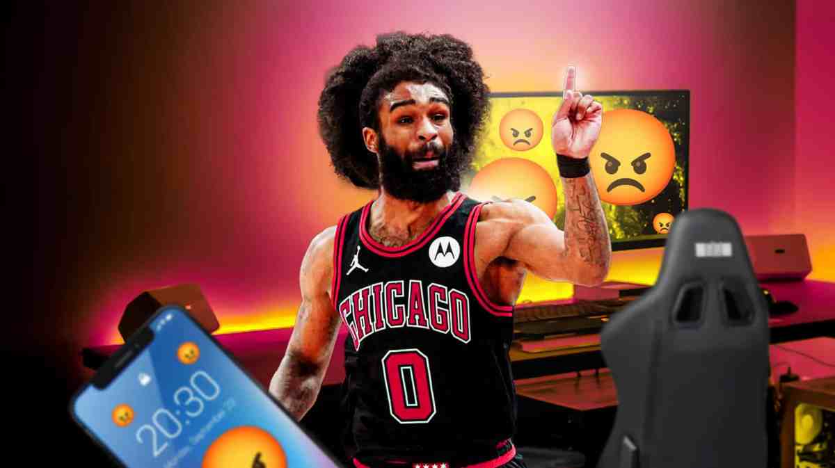 Bulls' Coby White pointing, angry messages on computer screen and mobile phone