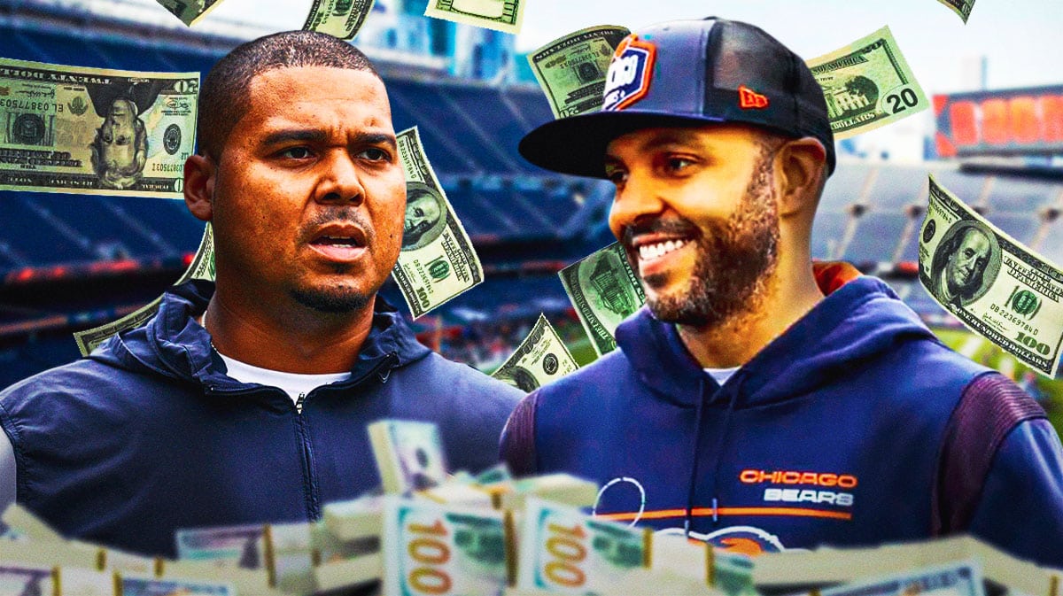 Bears Ryan Poles and Ian Cunningham at Soldier Field surrounded by money