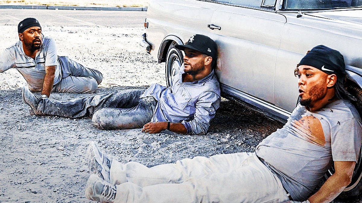 Eloy Jimenez, Andrew Benintendi, and Martin Maldonado (all White Sox) as the guys from hangover looking lost on the ground