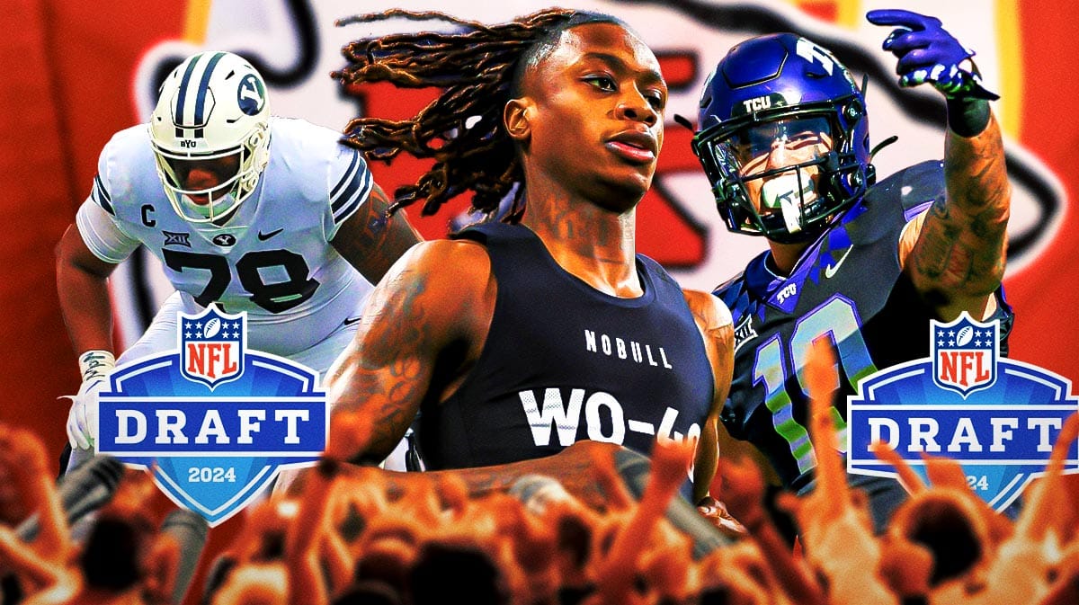 Xavier Worthy, Kingsley Suamatai, Jared Wiley all together with Chiefs logo in background and NFL Draft 2024 logo in front.