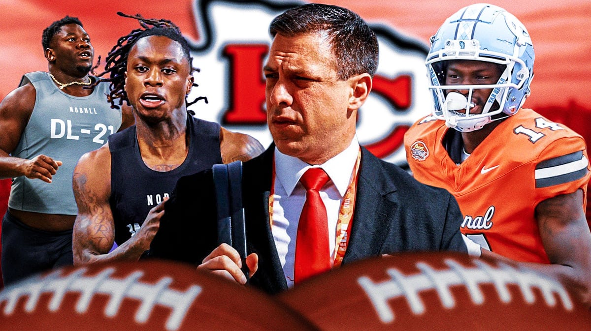 GM Brett Veach in the middle, Xavier Worthy, Ruke Orhorhoro, Devontez Walker around him, and Kansas City Chiefs wallpaper in the background