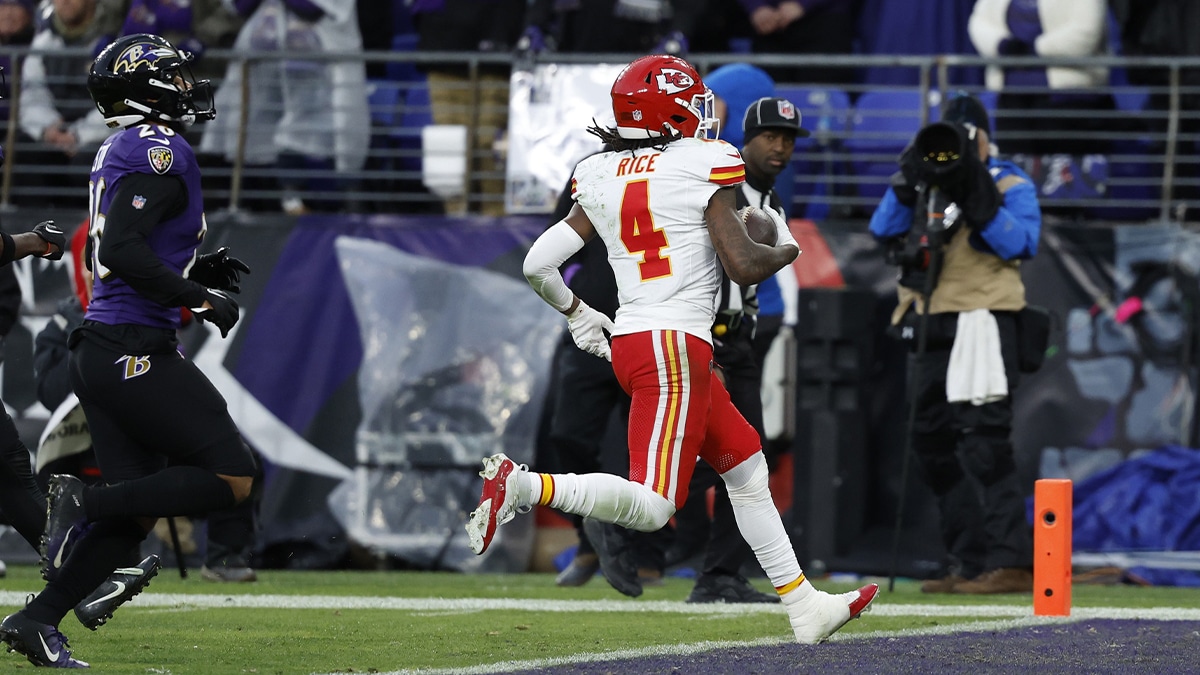 Kansas City Chiefs wide receiver Rashee Rice (4) scores a touchdown against the Baltimore Ravens during the first half in the AFC Championship football game at M&T Bank Stadium.