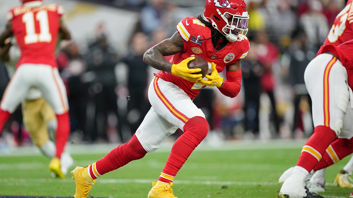Kansas City Chiefs wide receiver Rashee Rice (4) runs with the ball against the San Francisco 49ers during the second quarter of Super Bowl LVIII at Allegiant Stadium