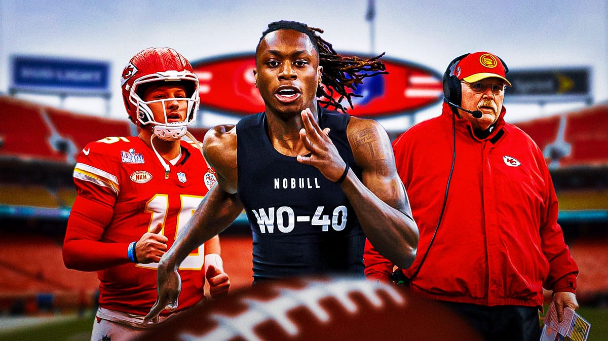 Kansas City Chiefs star Patrick Mahomes and head coach Andy Reid behind new draft pick Xavier Worthy in front of Arrowhead Stadium.