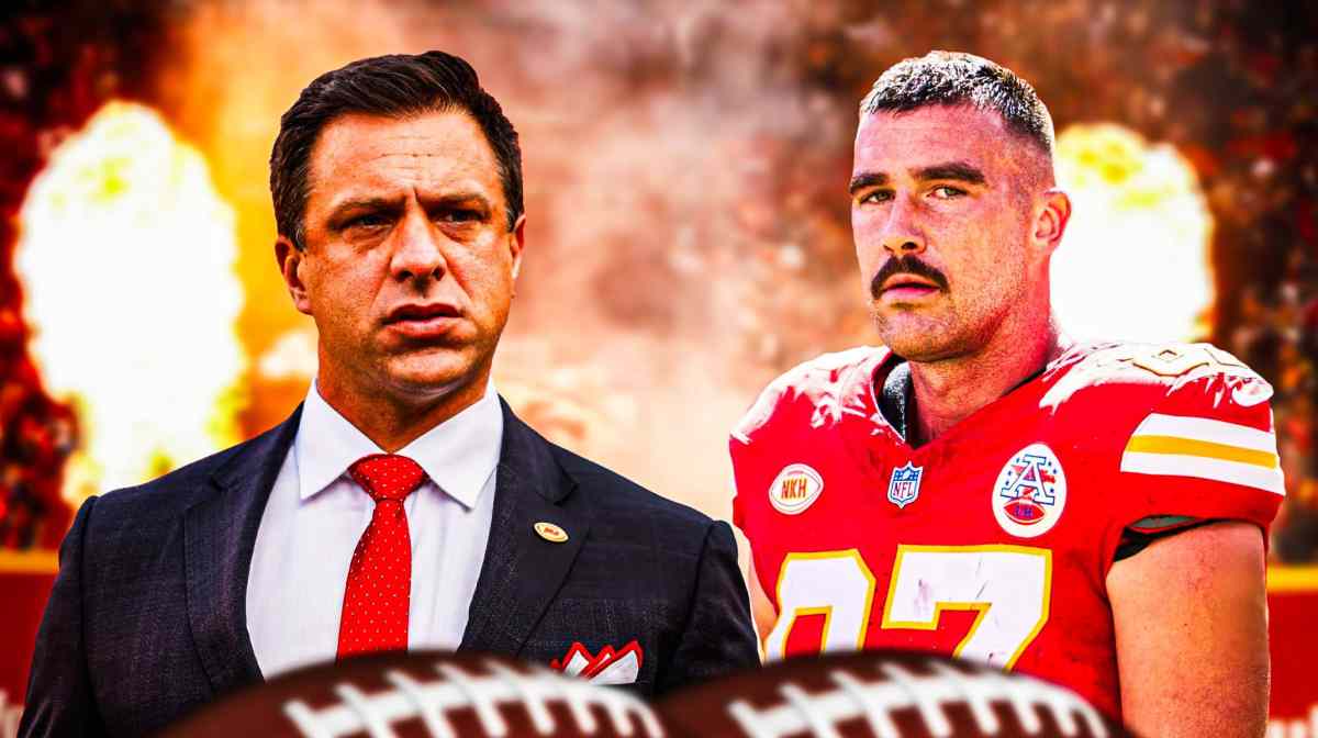Kansas City Chiefs star Travis Kelce and GM Brett Veach in front of Arrowhead Stadium.