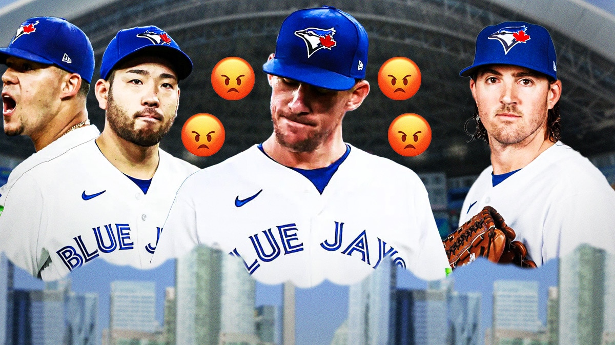 Blue Jays' Chris Bassitt looking angry, with angry emojis all over him, with Kevin Gausman, Yusei Kikuchi, and Jose Berrios all looking tired