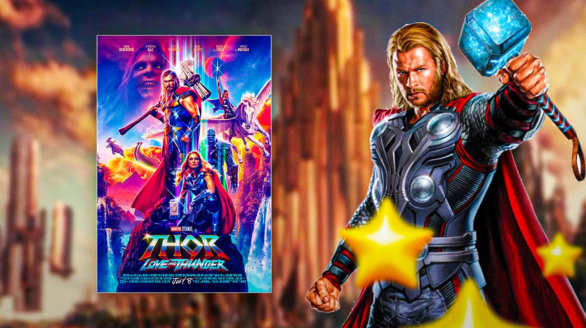 MCU Thor 4 (Love and Thunder) poster with Chris Hemsworth and Asgard background.