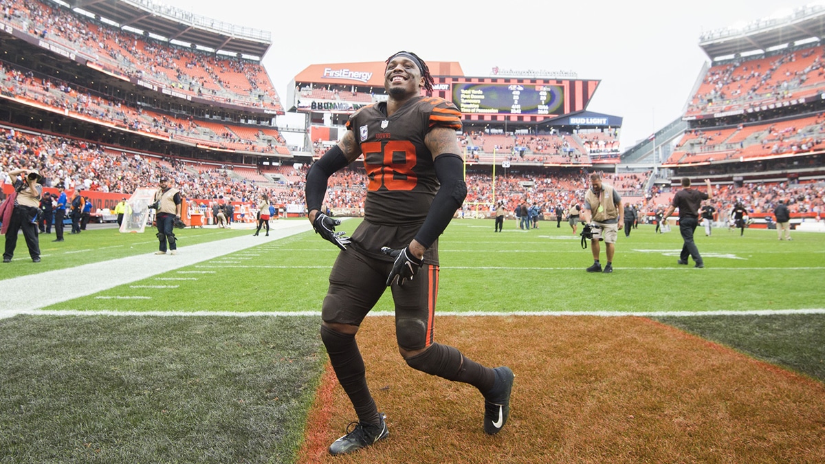 Cleveland Browns outside linebacker Christian Kirksey (58) celebrates after the Browns beat the Baltimore Ravens in overtime at FirstEnergy Stadium