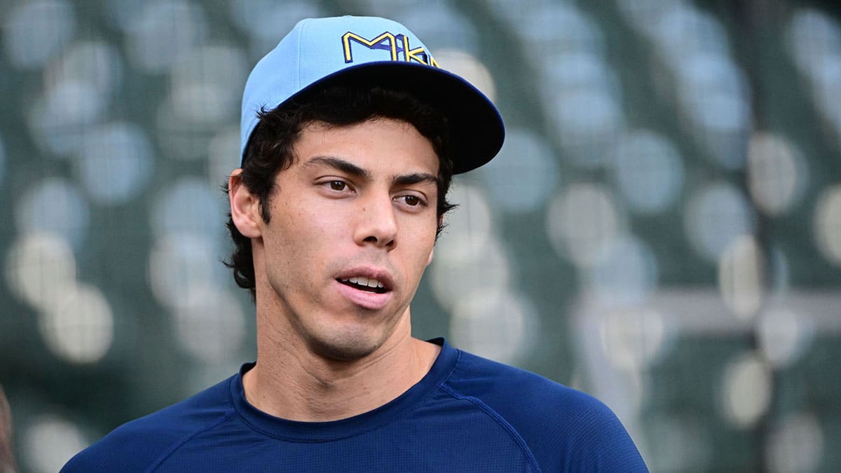 Milwaukee Brewers left fielder Christian Yelich (22) speaks to the media before game against the Chicago Cubs at American Family Field.