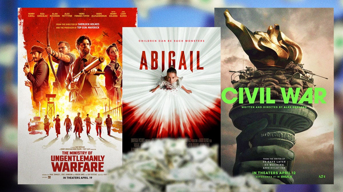 posters for Abigail, Civil War, and Ministry of Ungentlemanly Warfare surrounded by money
