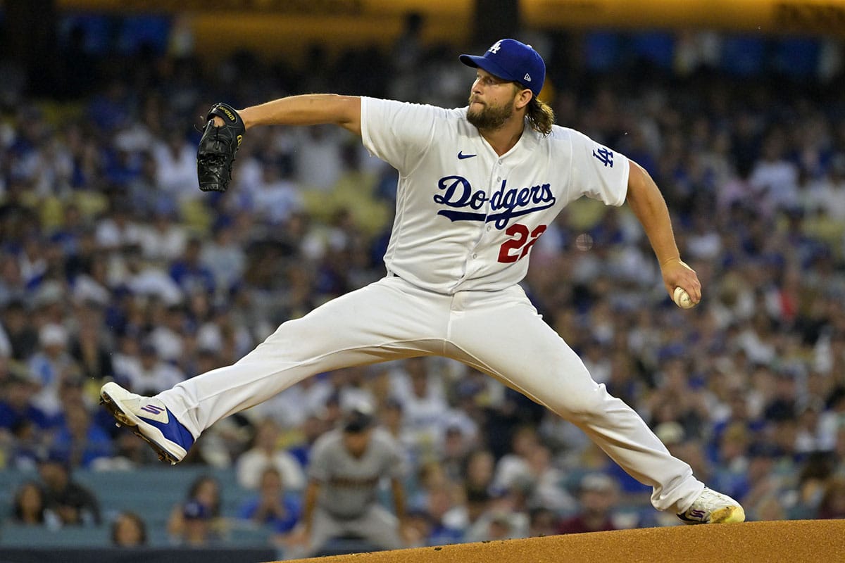 Los Angeles Dodgers starting pitcher Clayton Kershaw (22) throws a pitch in the first inning for game one of the NLDS for the 2023 MLB playoffs at Dodger Stadium.