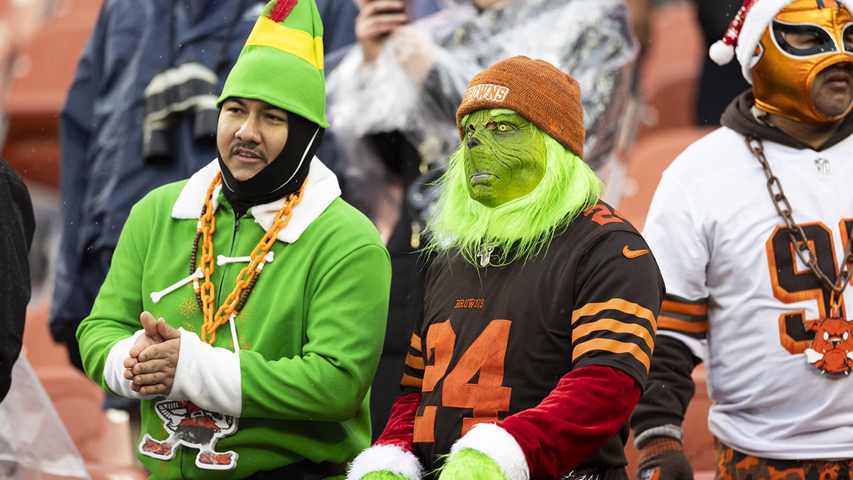 Cleveland Browns fans wear Christmas costumes before the game against the Chicago Bears at Cleveland Browns Stadium