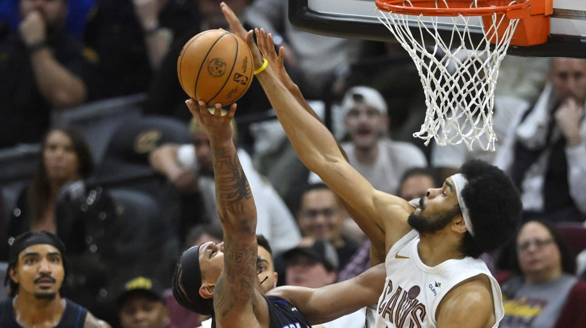 Apr 22, 2024; Cleveland, Ohio, USA; Cleveland Cavaliers center Jarrett Allen (31) blocks a shot by Orlando Magic forward Paolo Banchero (5) in the fourth quarter during game two of the first round of the 2024 NBA playoffs at Rocket Mortgage FieldHouse. Mandatory Credit: David Richard-USA TODAY Sports