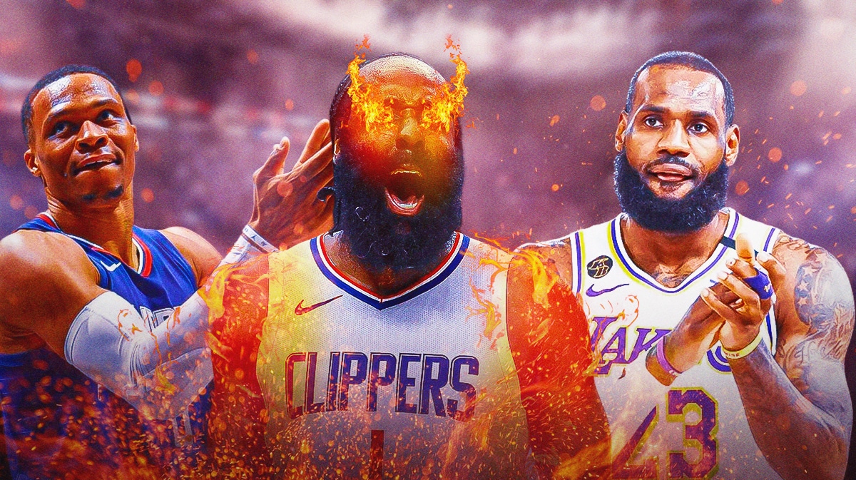 Clippers James Harden with Russell Westbrook and LeBron James in game vs Nuggets