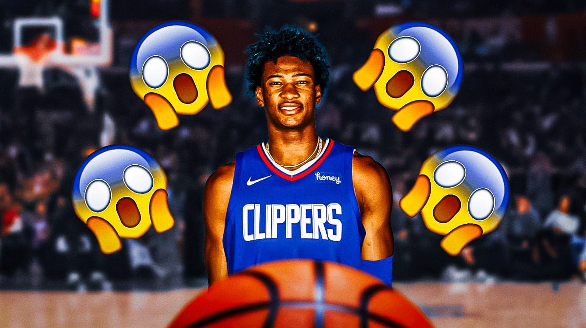 Kai Jones in a Los Angeles Clippers uniform with a bunch of shocked emojis in the background