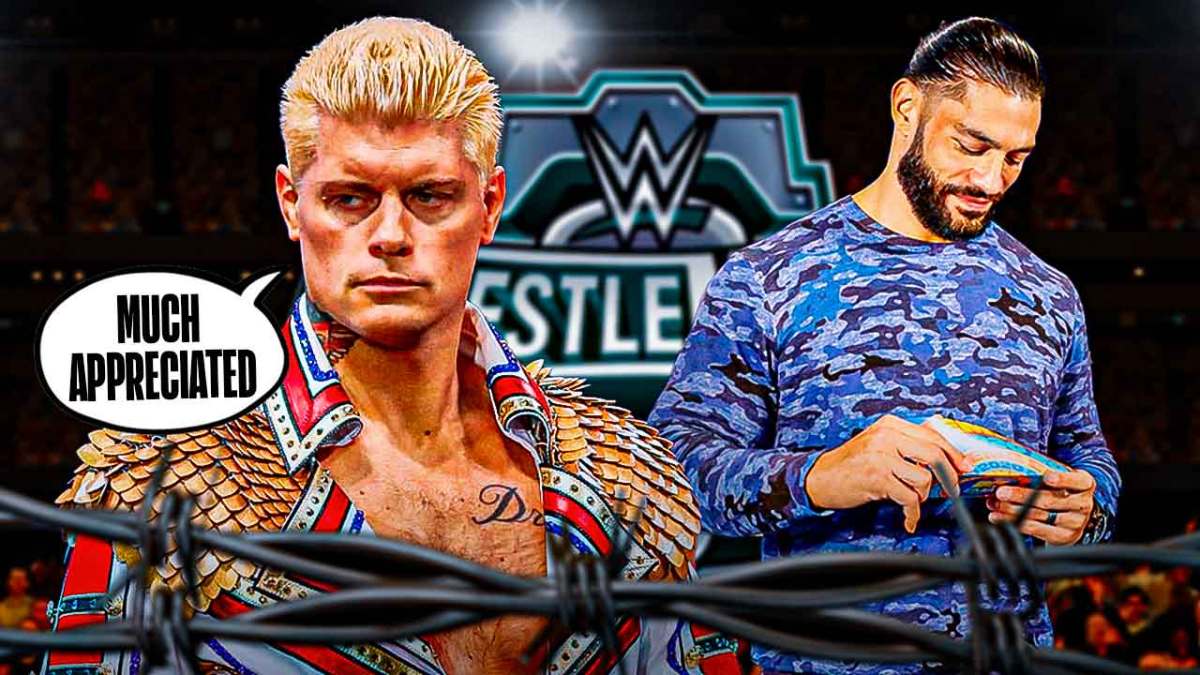 Cody Rhodes with a text bubble reading "Much appreciated" next to Roman Reigns in front of a WWE crowd with the WrestleMania 40 logo as the background.