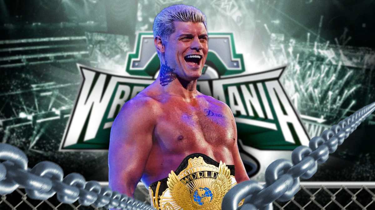 Cody Rhodes with the attacked belt around his waist with the WrestleMania 40 logo as the background.