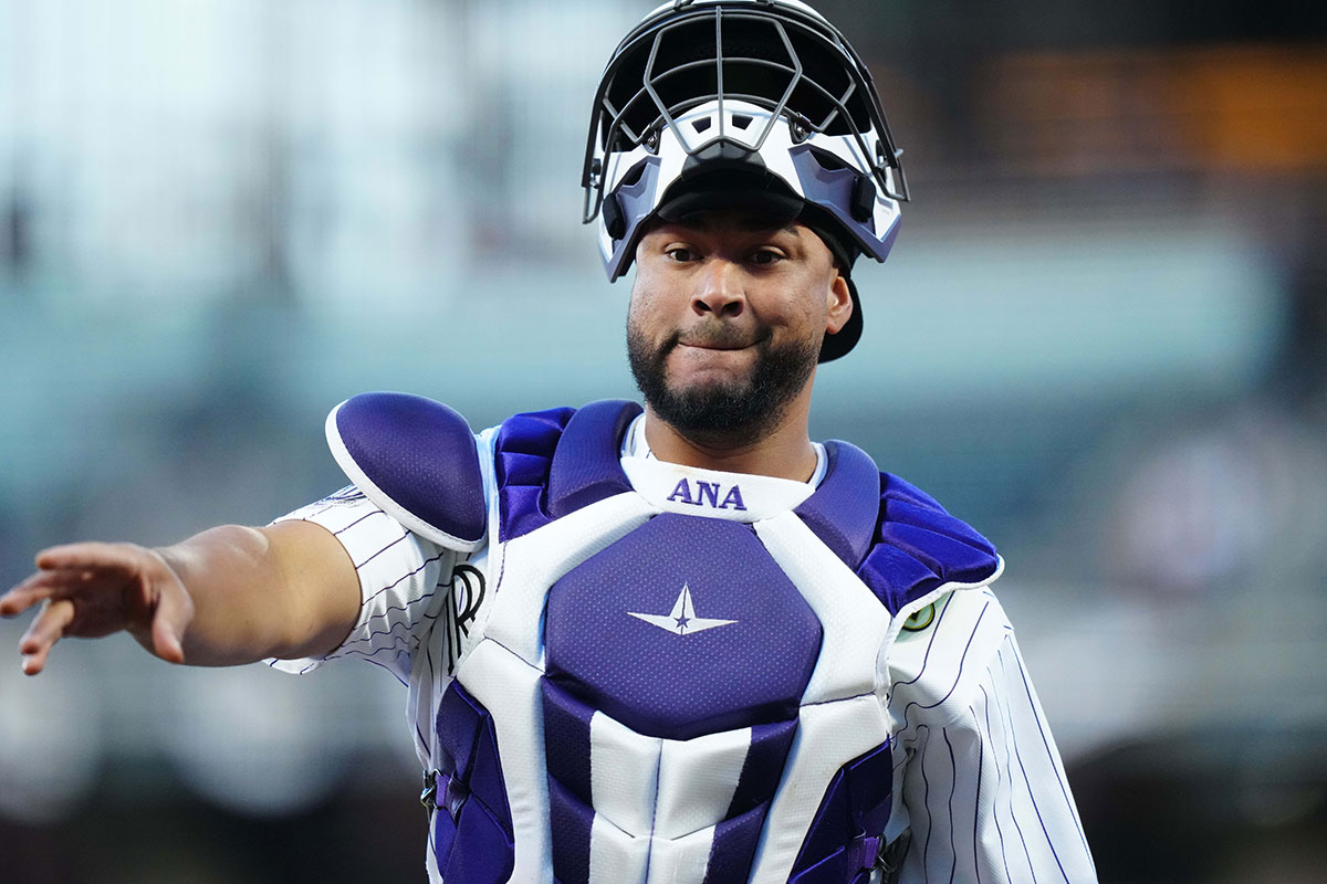 Colorado Rockies catcher Elias Diaz (35) during the first inning against the San Francisco Giants at Coors Field. 