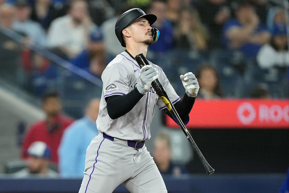 Colorado Rockies center fielder Brenton Doyle (9) reacts after striking out against the Toronto Blue Jays during the sixth inning at Rogers Centre. 