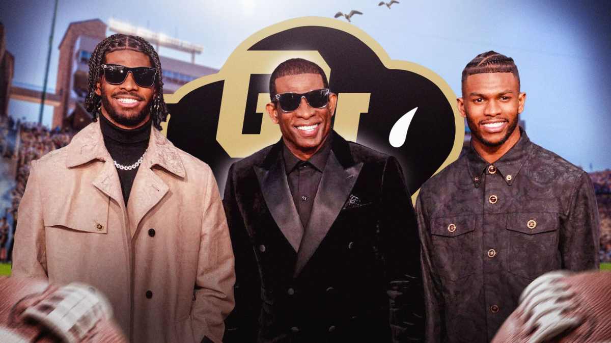 Shilo Sanders, Shedeur Sanders, and Deion Sander stand next to Colorado football logo, college football transfer portal reporters in background
