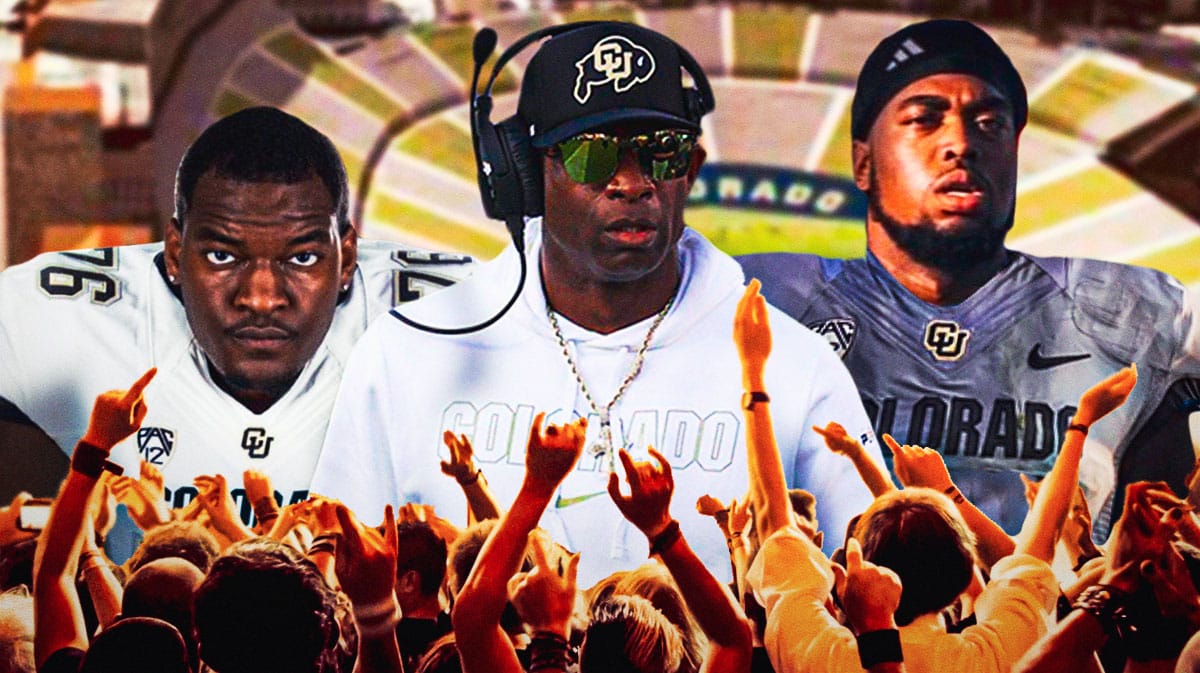 Colorado football, Buffaloes, Deion Sanders, Colorado spring game, Colorado spring football, Deion Sanders, Kahlil Benson and Phillip Houston (both in Colorado unis) with Colorado football stadium in the background