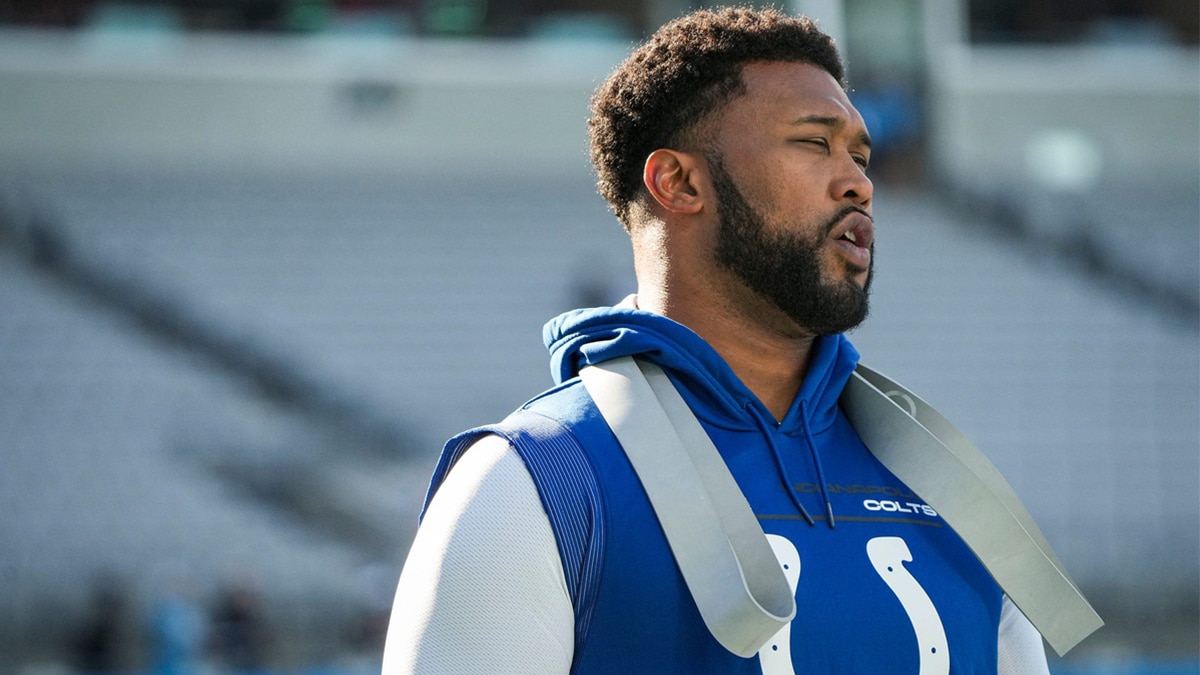 Indianapolis Colts defensive tackle DeForest Buckner (99) warms up before facing the Carolina Panthers on Sunday, Nov. 5, 2023, at Bank of America Stadium in Charlotte, N.C.