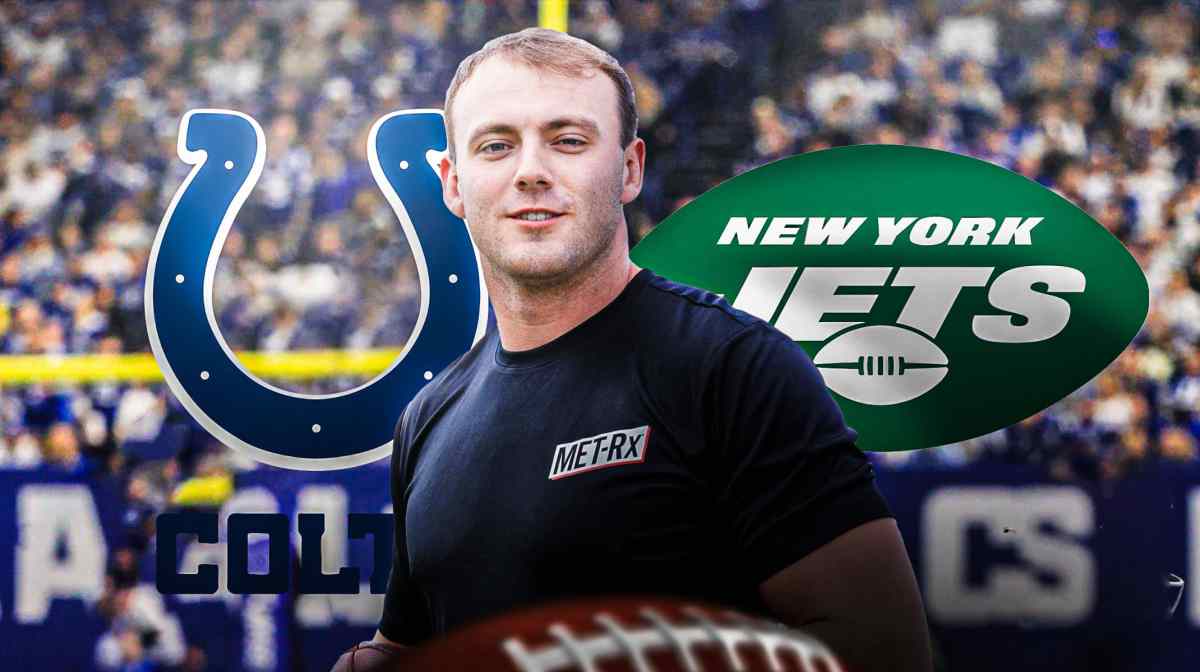 Georgia tight end Brock Bowers between the Indianapolis Colts and New York Jets logos