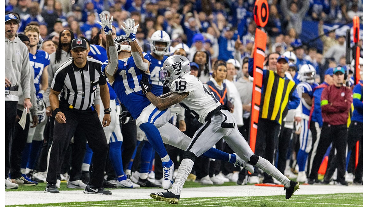 Indianapolis Colts wide receiver Michael Pittman Jr. (11) attempts to catch a ball while Las Vegas Raiders cornerback Jack Jones (18) defends in the second half at Lucas Oil Stadium. 
