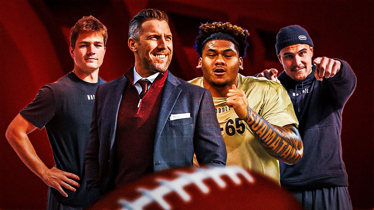 GM Adam Peters in the middle, Drake Maye, Laiatu Latu, Kingsley Suamataia around him, and Washington Commanders wallpaper in the background