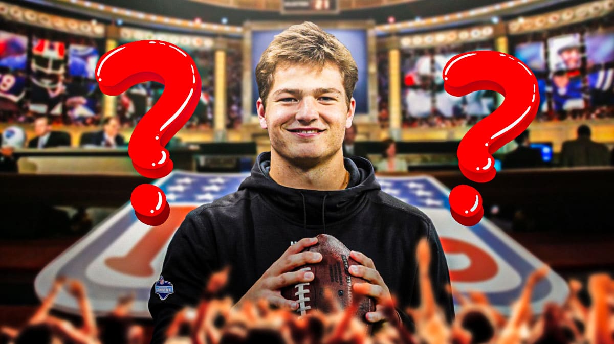 UNC QB Drake Maye with question marks and an NFL Draft background.