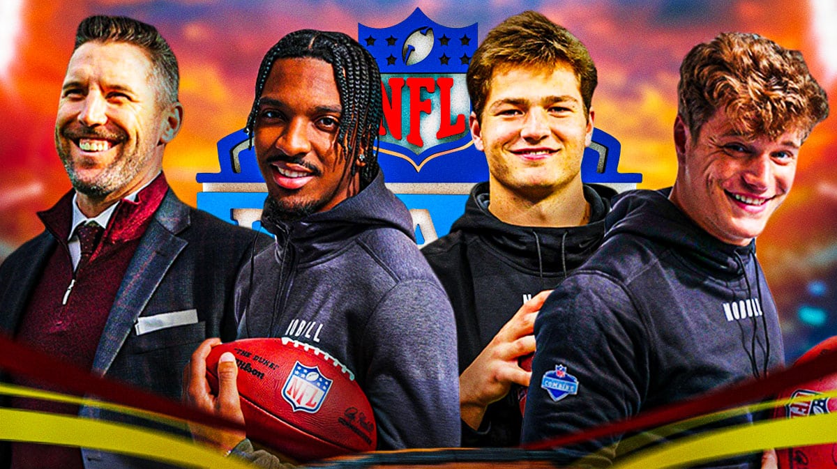 Adam Peters, Jayden Daniels, Drake Maye, JJ McCarthy. NFL Draft logo in background