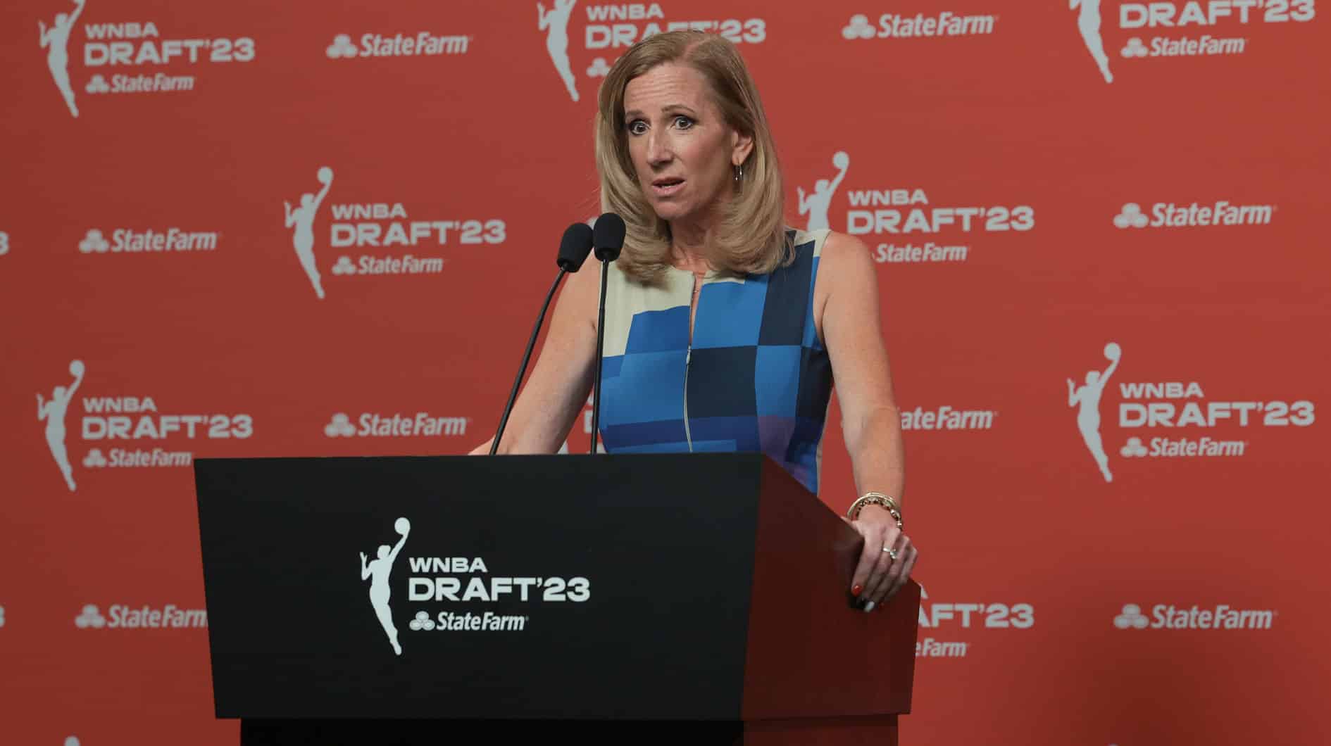 Apr 10, 2023; New York, NY, USA; WNBA Commissioner Cathy Engelbert speaks to the media before the WNBA Draft 2023 at Spring Studio. Mandatory Credit: Vincent Carchietta-USA TODAY Sports