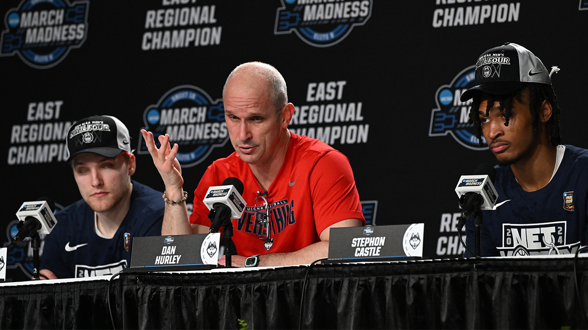 Mar 30, 2024; Boston, MA, USA; Connecticut Huskies head coach Dan Hurley speaks to the media after the game against the Illinois Fighting Illini for the finals of the East Regional of the 2024 NCAA Tournament at TD Garden. Mandatory Credit: Brian Fluharty-USA TODAY Sports