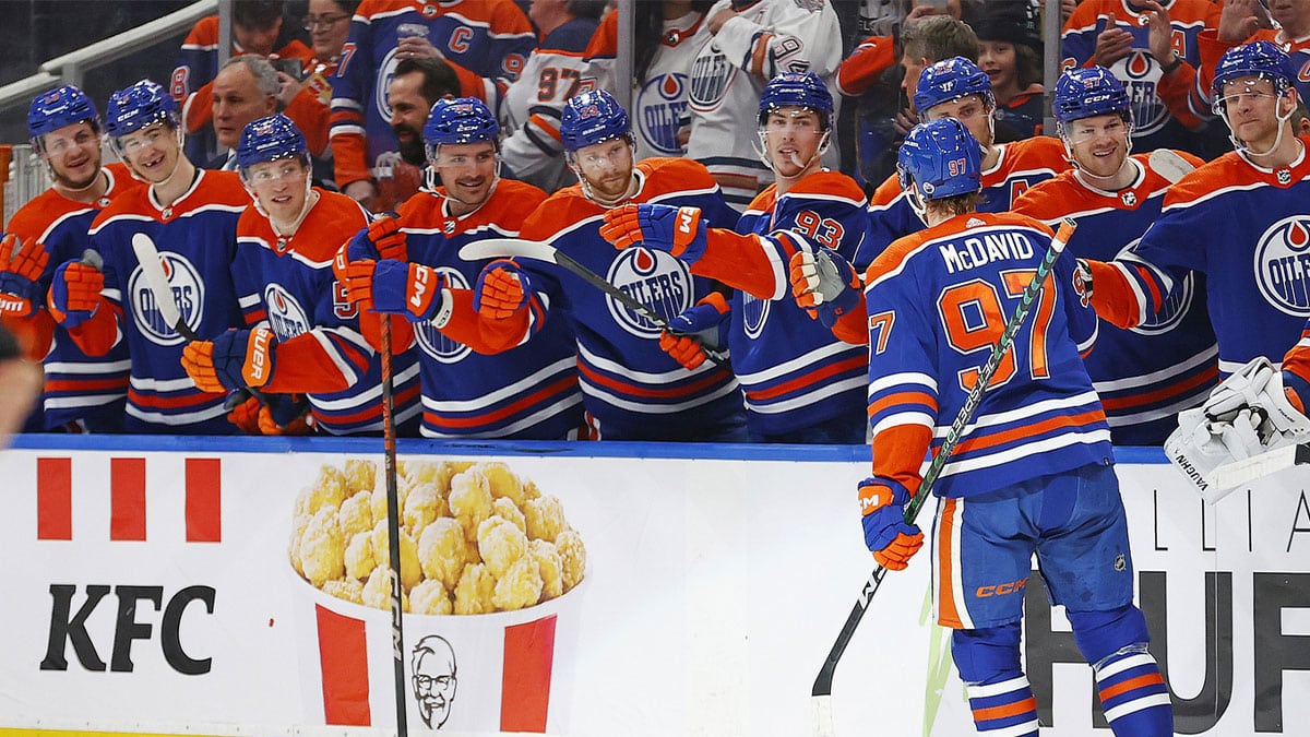 The Edmonton Oilers celebrate a goal scored by forward Connor McDavid (97) during the first period against the San Jose Sharks at Rogers Place.