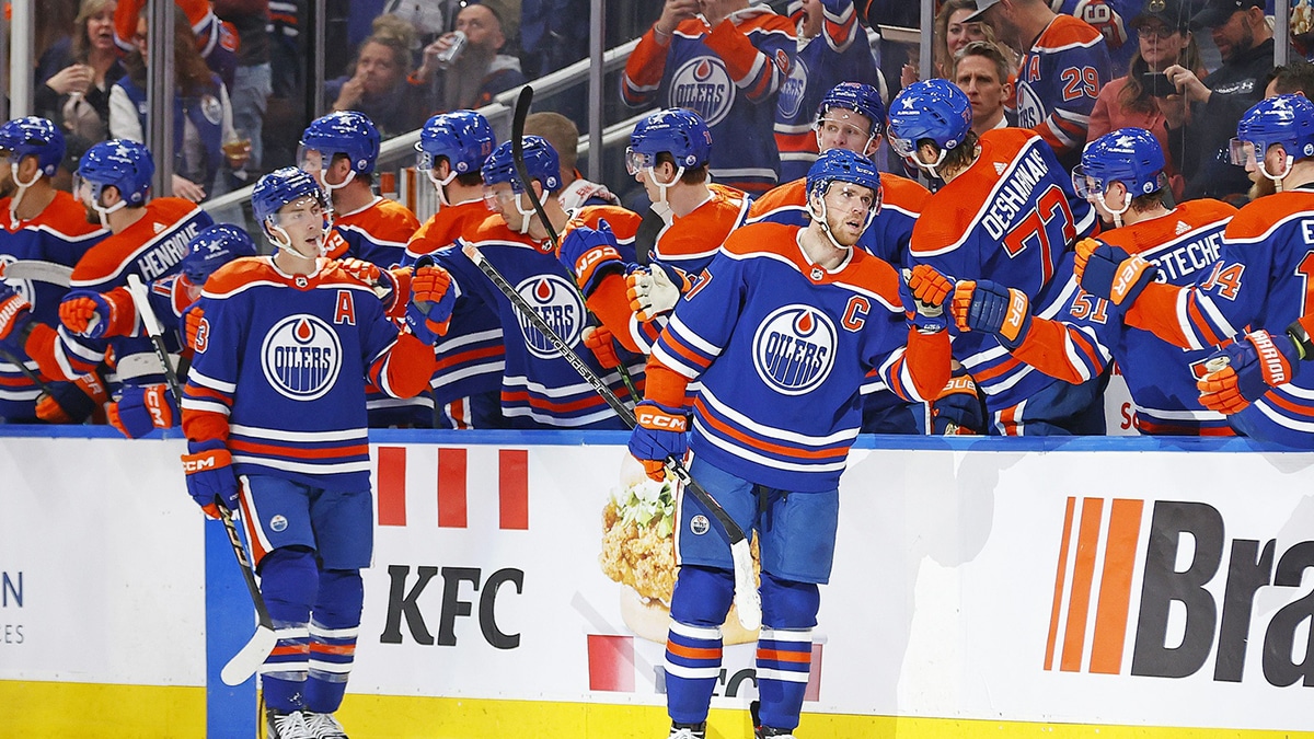  The Edmonton Oilers celebrate a goal scored by forward Connor McDavid (97) during the second period against the Anaheim Ducks at Rogers Place.