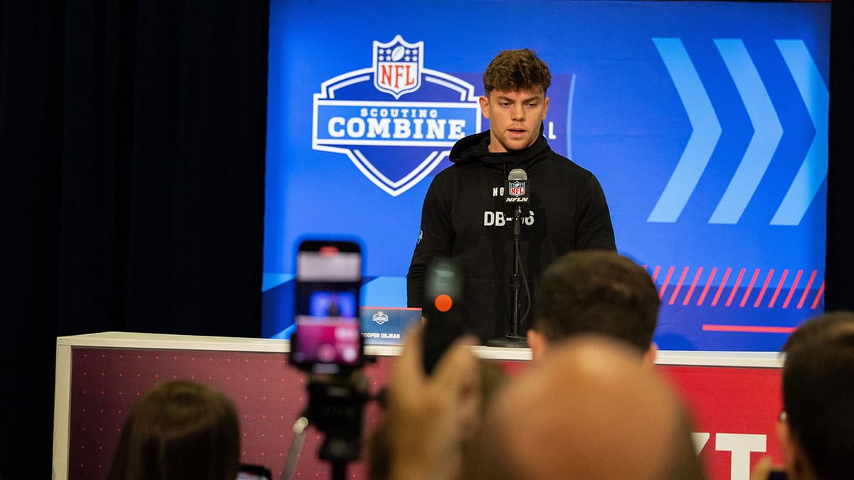  Iowa defensive back Cooper Dejean (DB06) talks to the media during the 2024 NFL Combine at Lucas Oil Stadium