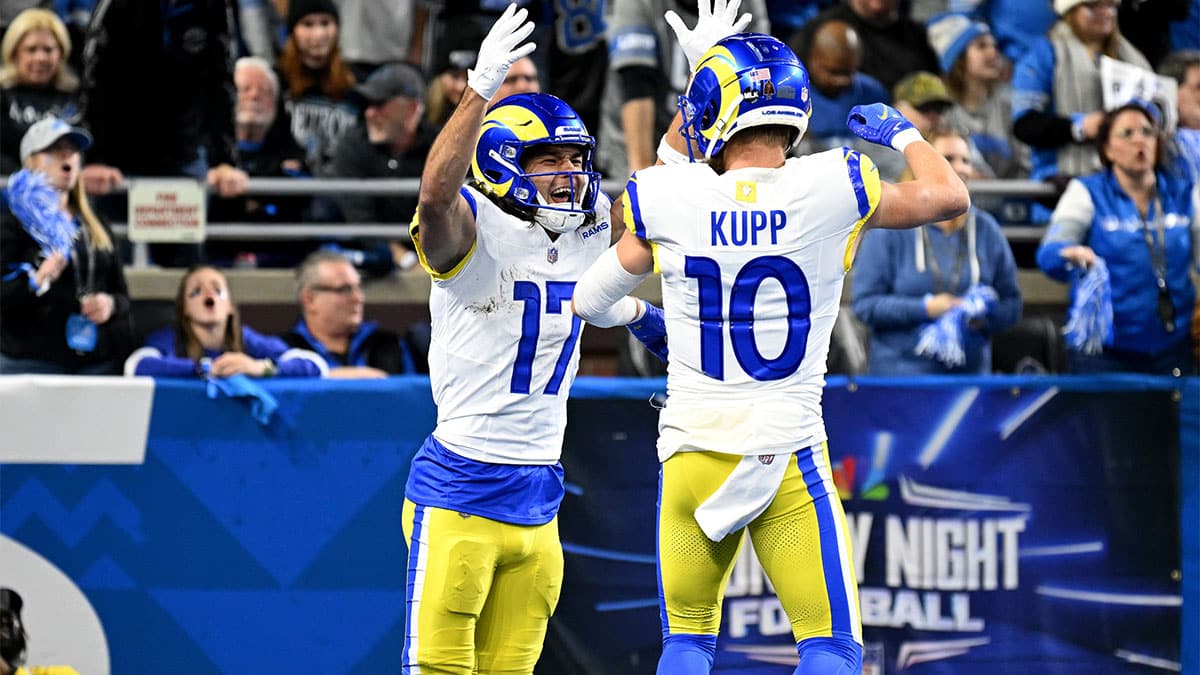  Los Angeles Rams wide receiver Puka Nacua (17) celebrates with wide receiver Cooper Kupp (10) after a touchdown during the first half of a 2024 NFC wild card game against the Detroit Lions at Ford Field.