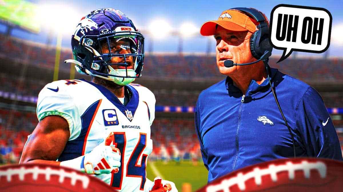 Courtland Sutton on one side, Sean Payton on the other side with a speech bubble that says "Uh oh"
