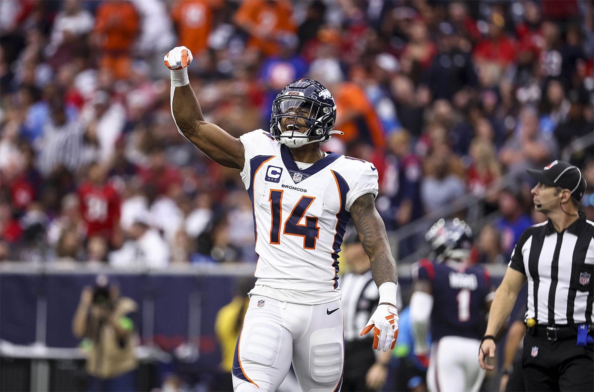 Denver Broncos wide receiver Courtland Sutton (14) reacts after scoring a touchdown during the third quarter against the Houston Texans at NRG Stadium.