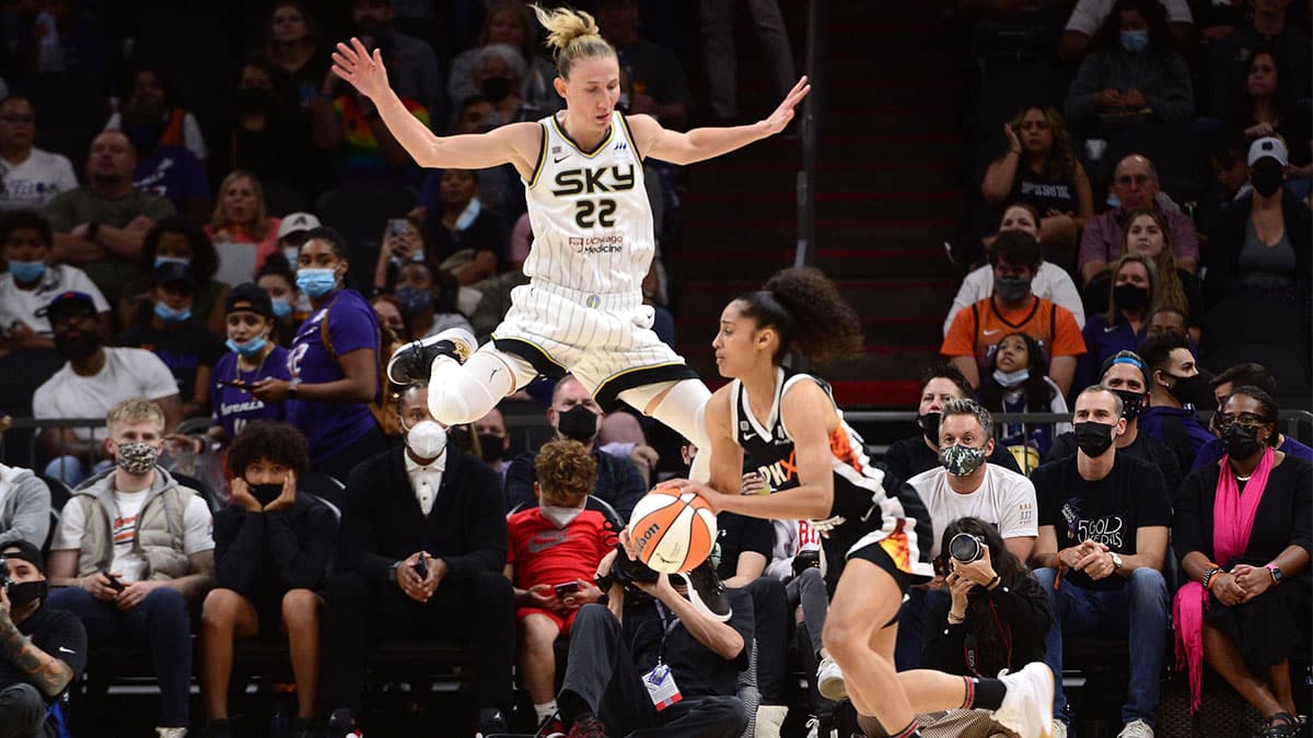 Chicago Sky guard Courtney Vandersloot (22) defends Phoenix Mercury guard Skylar Diggins-Smith (4) during the second half of game two of the 2021 WNBA Finals.