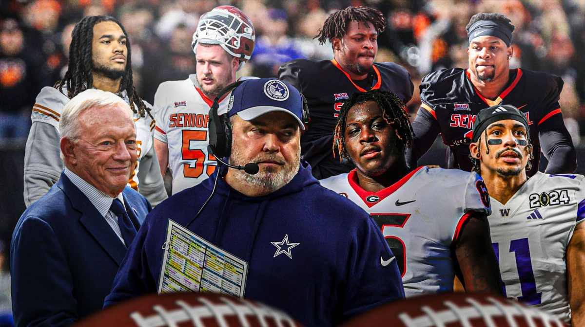 Cowboys Jerry Jones, Mike McCarthy in the middle surrounded by Amarius Mims, Jonathon Brooks, Jalen McMillan, Beaux Limmer, Gabe Hall, Nathaniel Watson, Frank Crum all in action with a 2024 NFL Draft background.